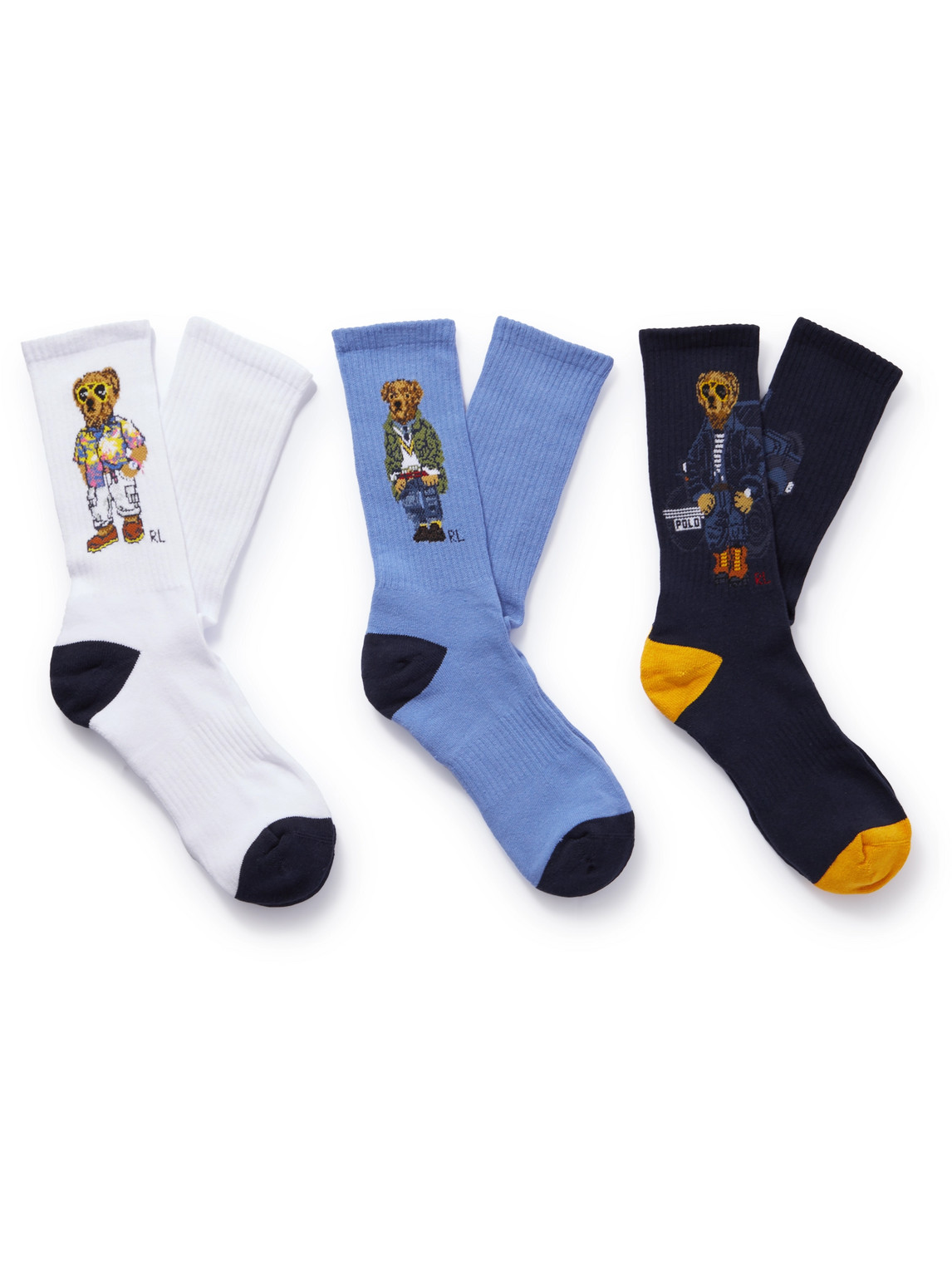 Polo Ralph Lauren Three-pack Ribbed Jacquard-knit Cotton-blend Socks In Blue