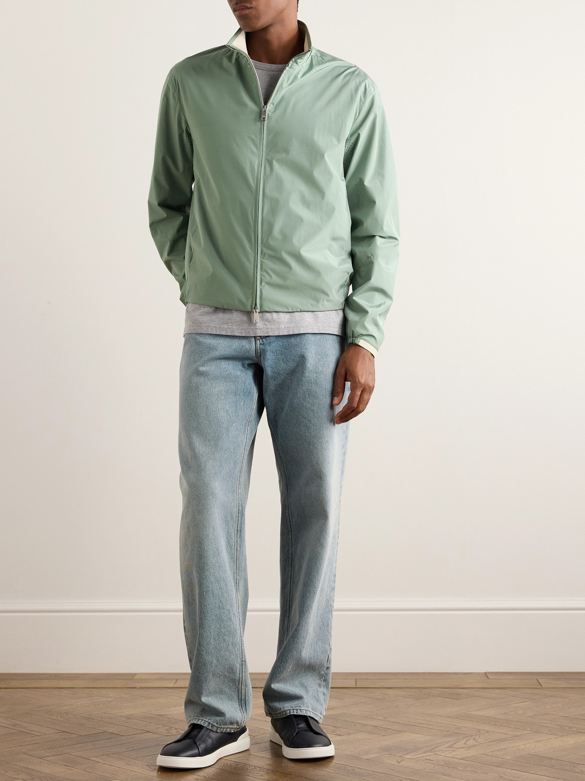 Leather-Trimmed Silk Bomber Jacket — 2