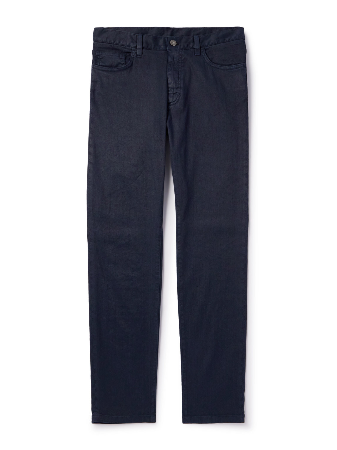 Zegna Roccia Slim-fit Straight-leg Garment-dyed Linen-blend Trousers In Blue