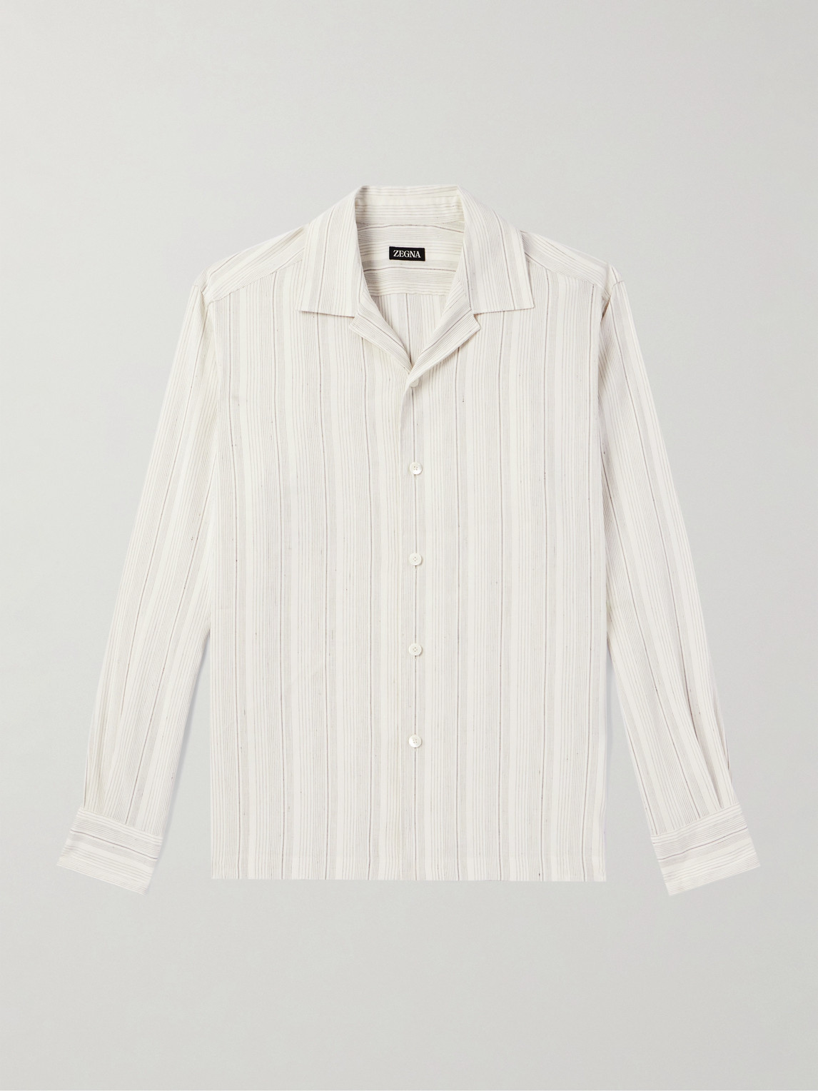 Zegna Camp-Collar Striped Linen and Silk-Blend Shirten