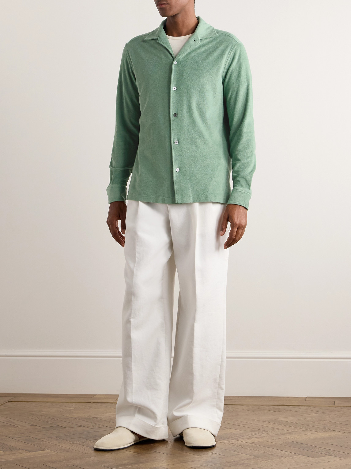 Shop Zegna Camp-collar Cotton And Silk-blend Terry Shirt In Green