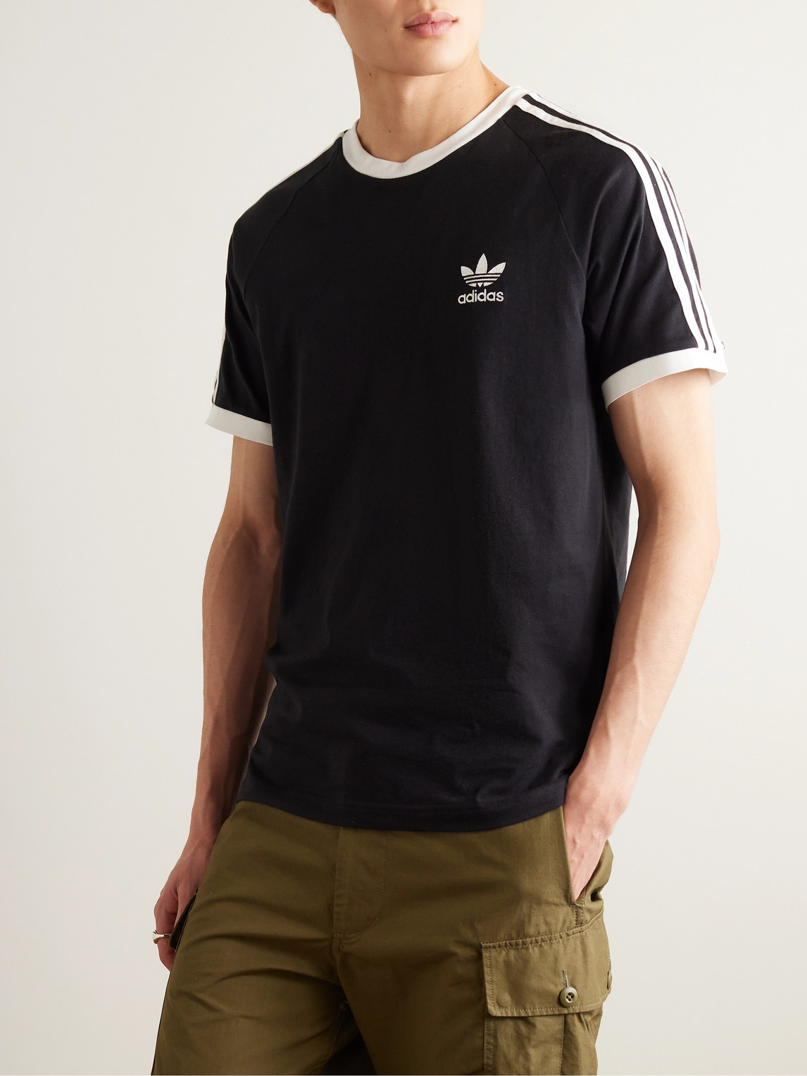Shop Adidas Originals Striped Logo-embroidered Cotton-jersey T-shirt In Black