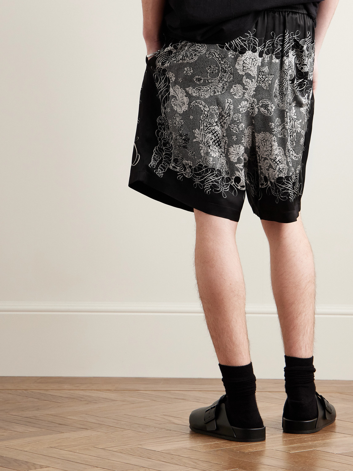 Shop Acne Studios Rudent Wide-leg Printed Satin Shorts In Black
