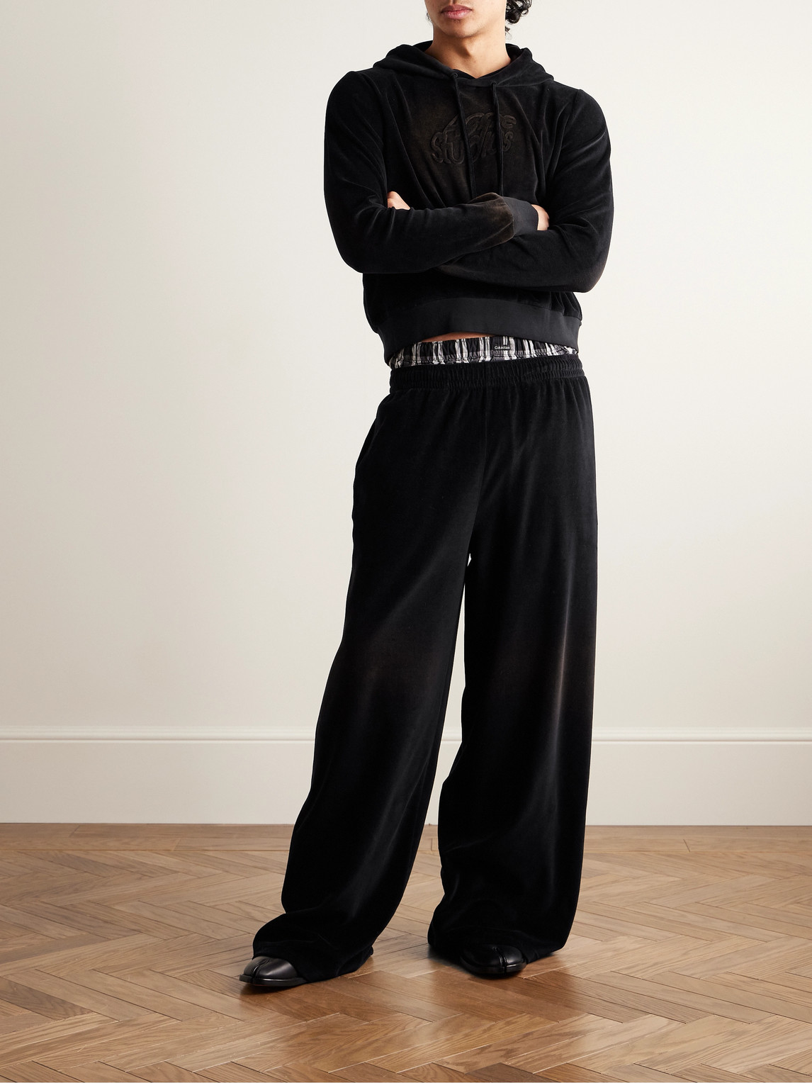 Shop Acne Studios Fega Wide-leg Logo-embossed Cotton-blend Velour Track Pants In Black