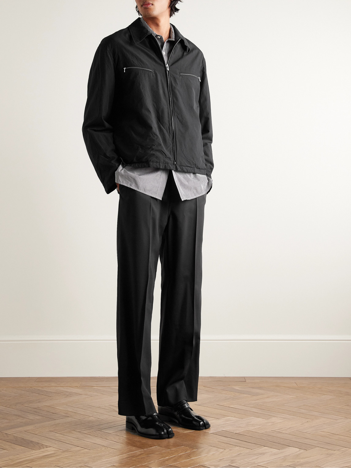 Shop Auralee Reversible Super 120s Crinkled Wool-poplin Blouson Jacket In Black