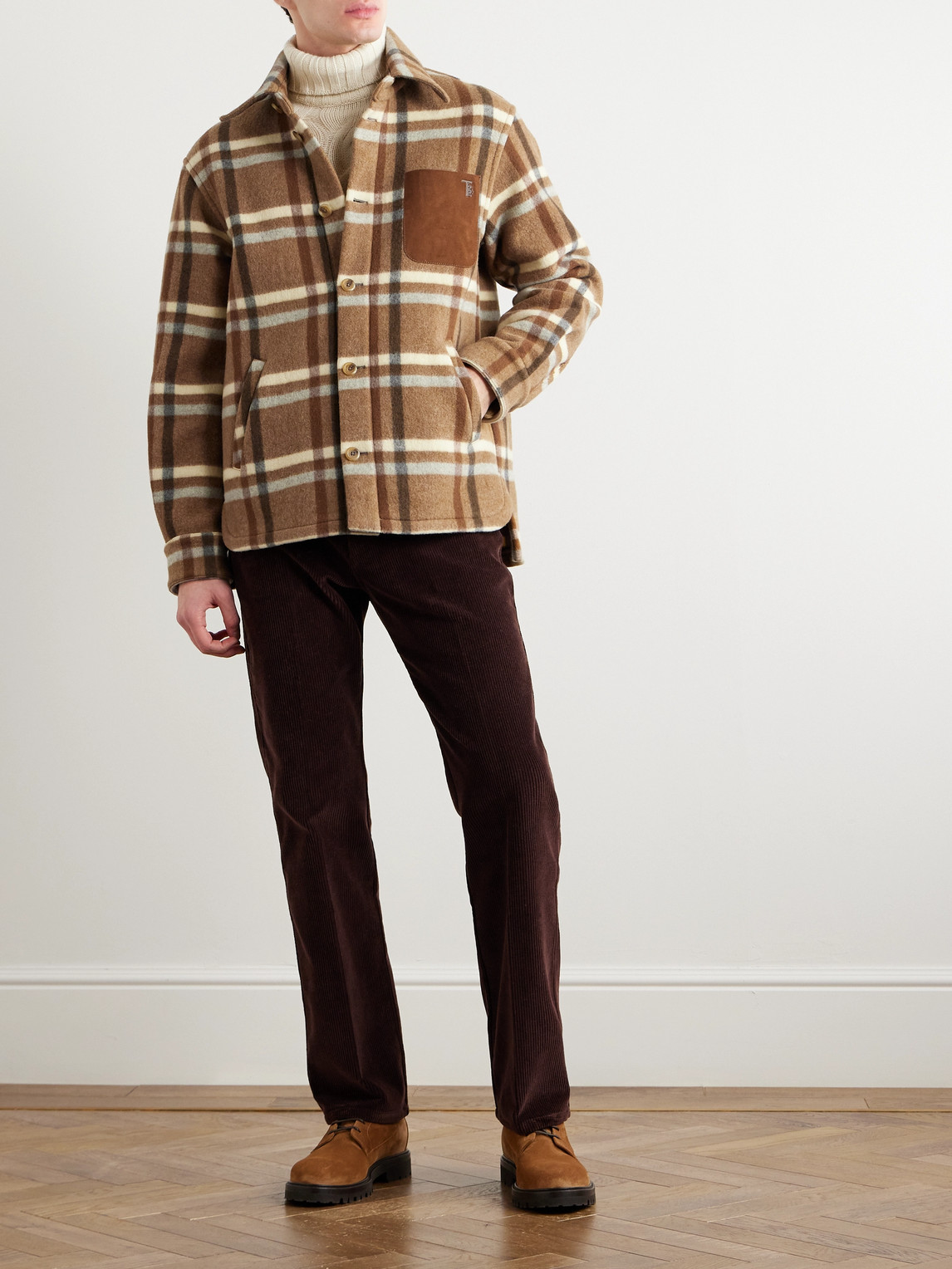 Shop Tod's Suede-trimmed Checked Wool-blend Shirt Jacket In Brown