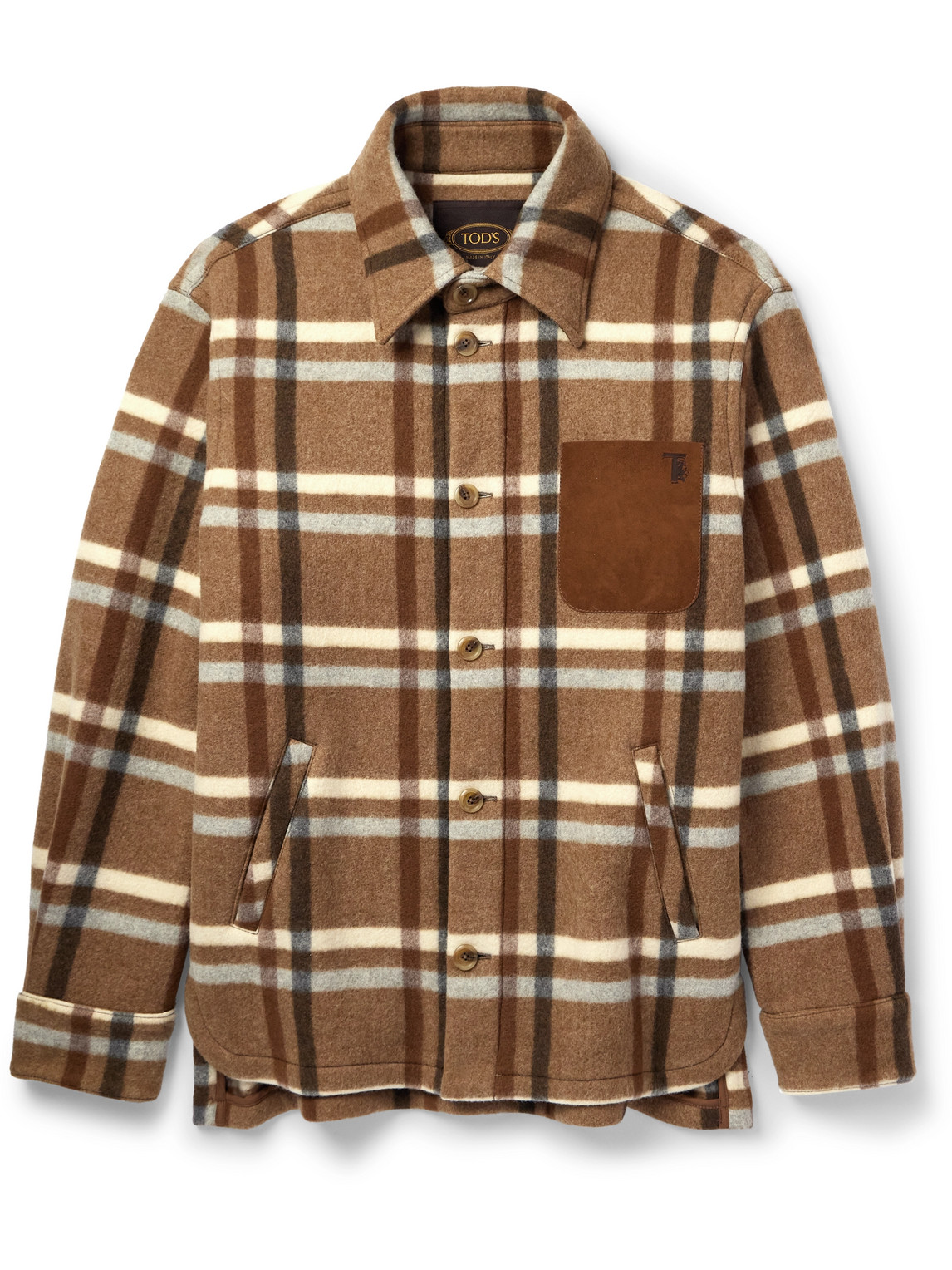 Tod's Suede-trimmed Checked Wool-blend Shirt Jacket In Brown