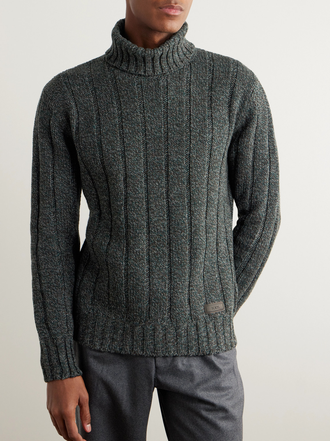 Shop Tod's Logo-appliquéd Ribbed Wool-blend Rollneck Sweater In Gray