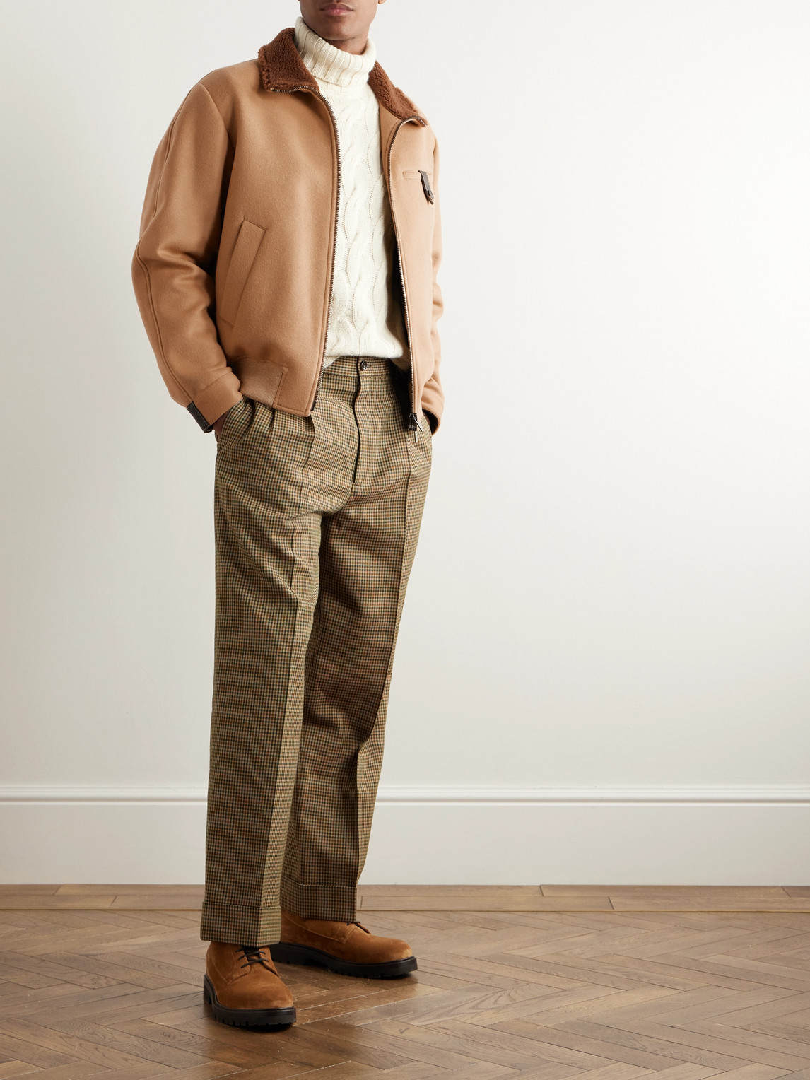 Shop Tod's Leather-trimmed Wool-blend Bomber Jacket In Neutrals