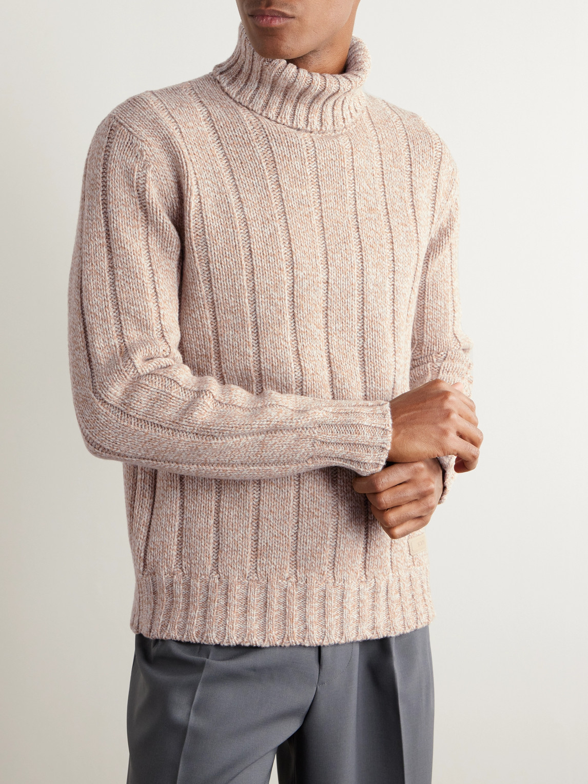 Shop Tod's Logo-appliquéd Ribbed Wool-blend Rollneck Sweater In Neutrals