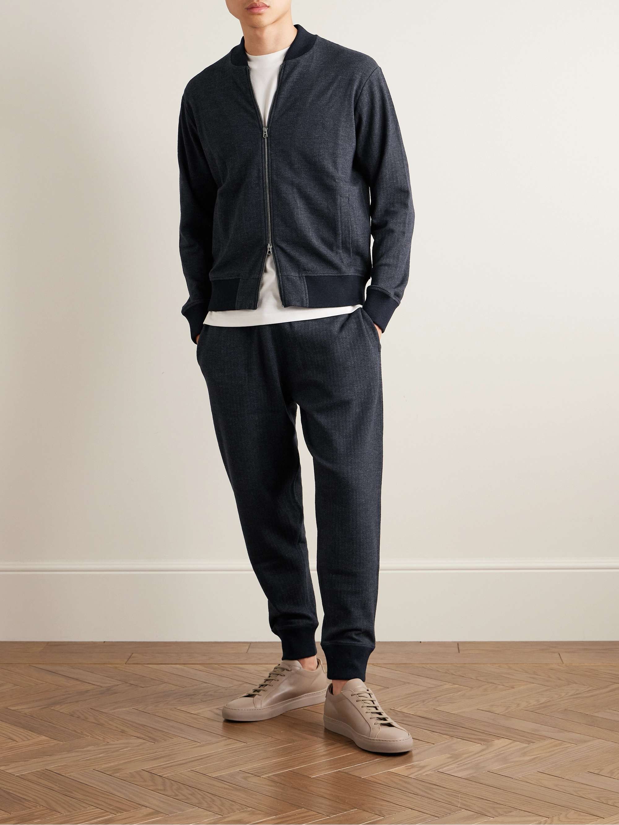 Herringbone Wool and Cotton Blend Jersey Bomber Jacket