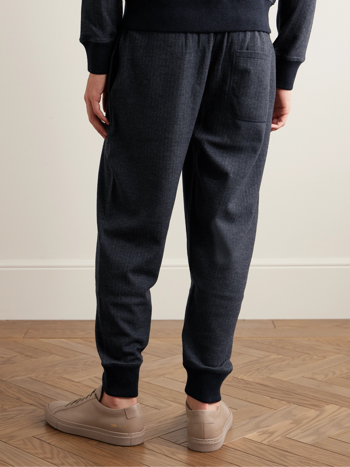 Shop Kingsman Tapered Herringbone Wool And Cotton-blend Jersey Sweatpants In Blue