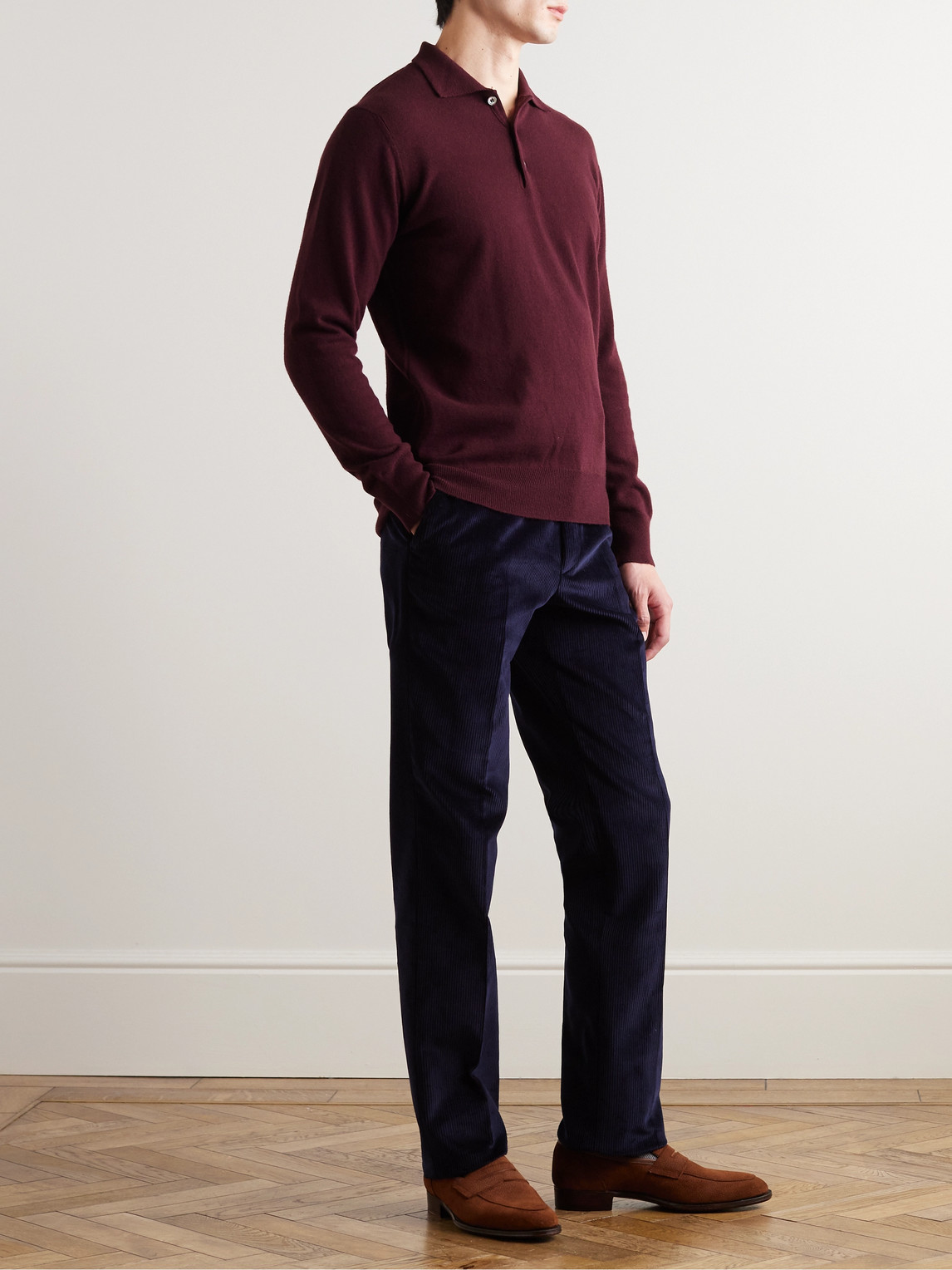 Shop Kingsman Wade Merino Wool And Cashmere-blend Polo Shirt In Burgundy