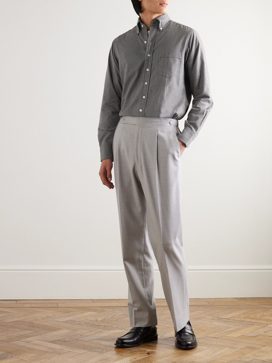 Shop Kingsman Drake's Button-down Collar Cotton-flannel Shirt In Gray