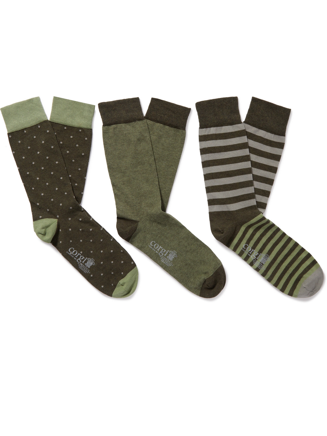 Kingsman Three-pack Patterned Cotton-blend Socks In Green