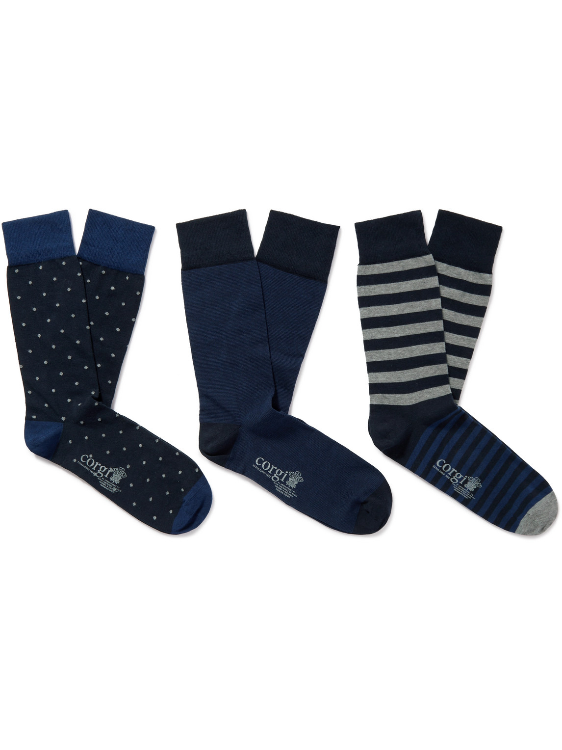 Kingsman Three-pack Patterned Cotton-blend Socks In Blue