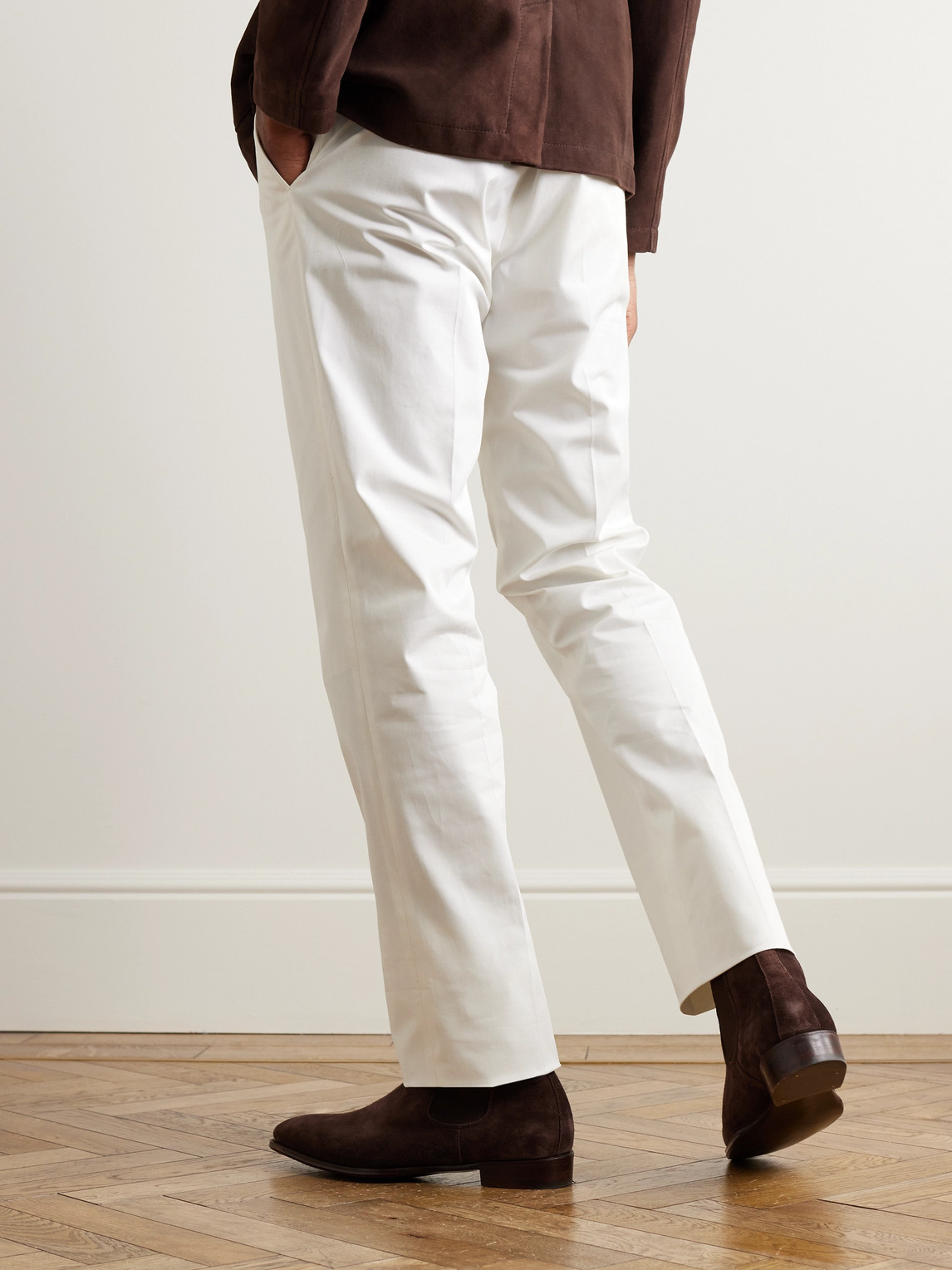 Shop Kingsman Slim-fit Straight-leg Cotton-blend Twill Chinos In Neutrals