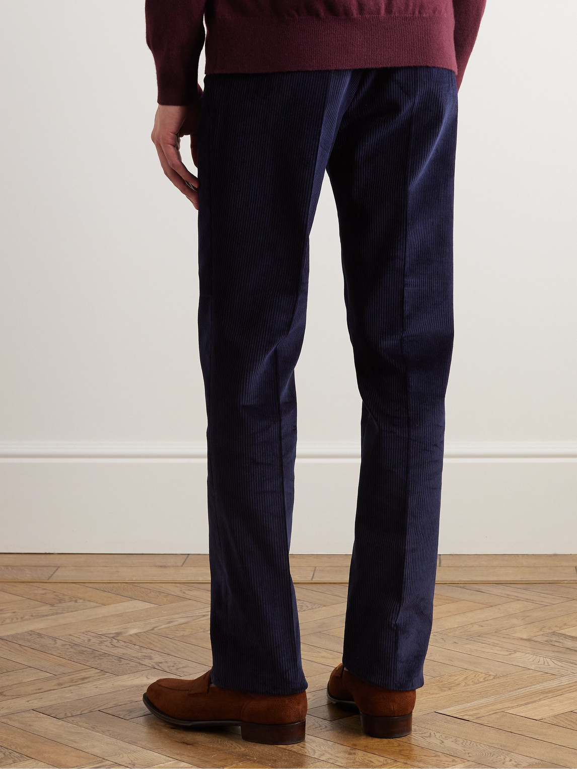 Shop Kingsman Tapered Cotton-corduroy Trousers In Blue