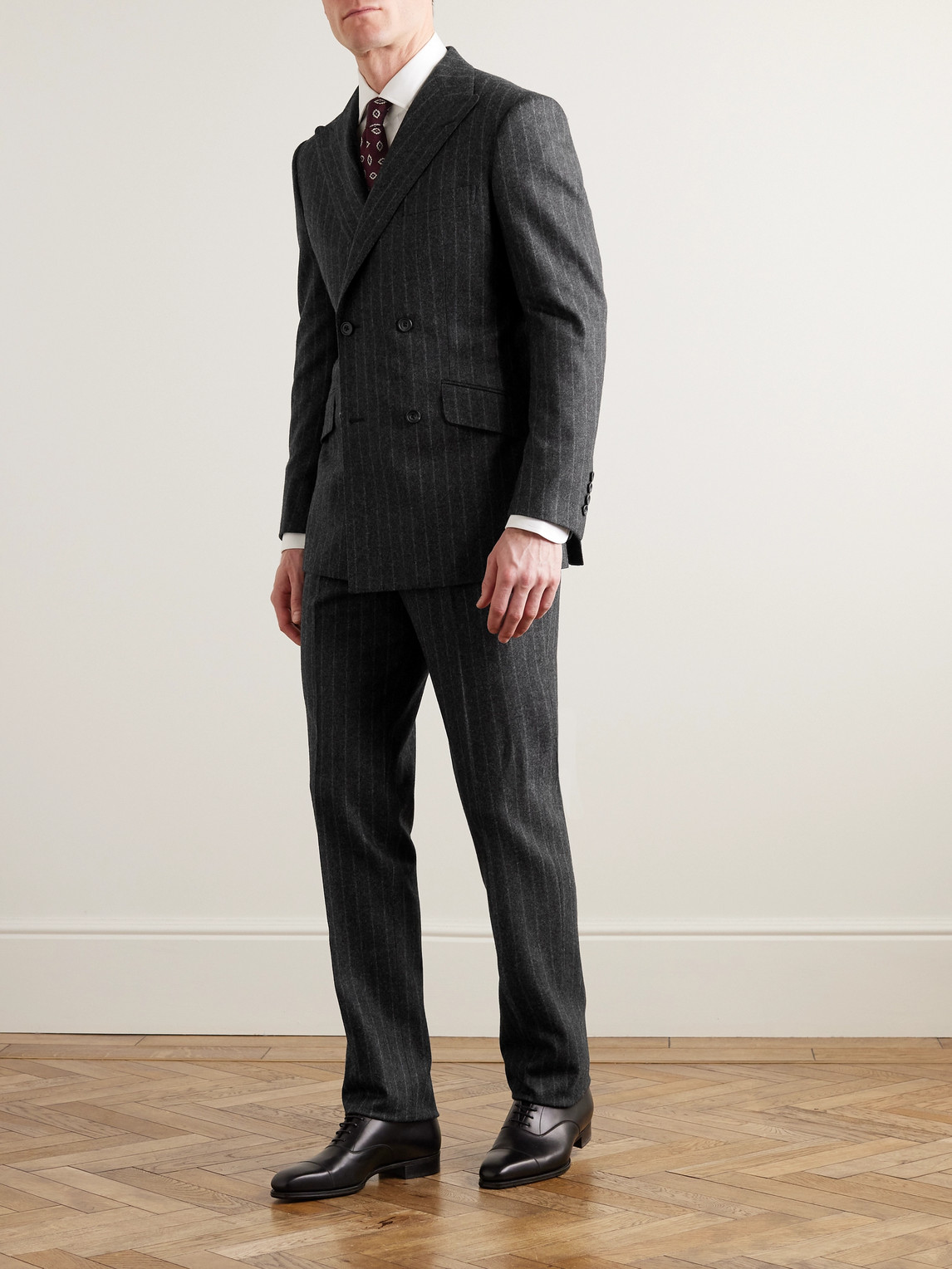 Shop Kingsman Tapered Pinstriped Wool Suit Trousers In Gray
