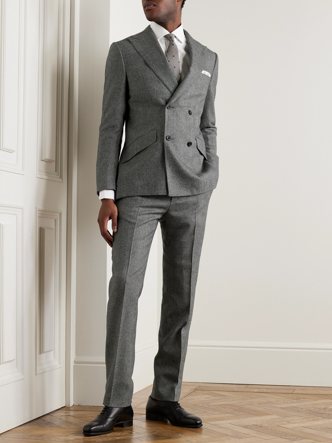 Shop Kingsman Slim-fit Straight-leg Prince Of Wales Wool Trousers In Black
