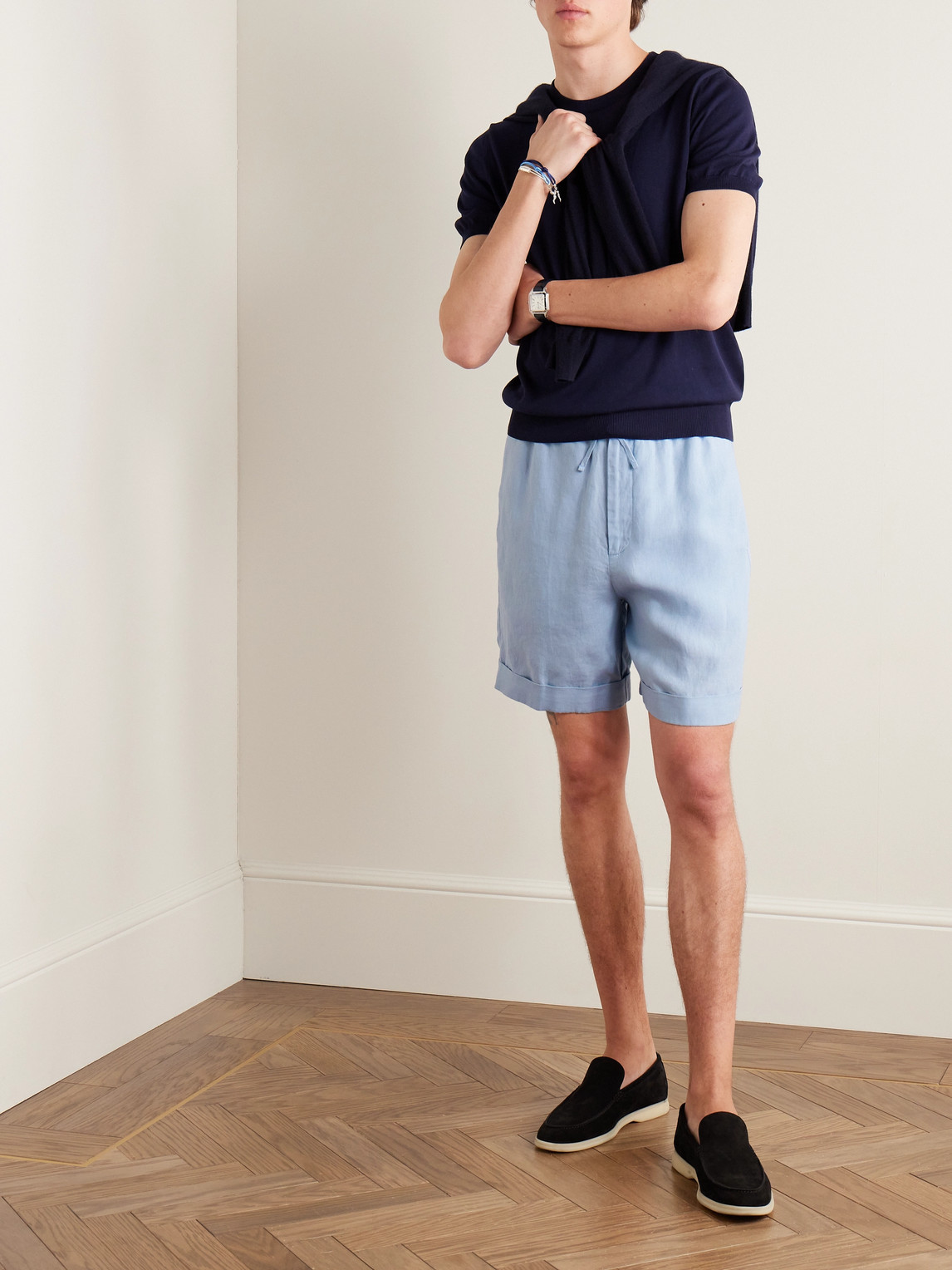 Shop Canali Straight-leg Linen Drawstring Shorts In Blue