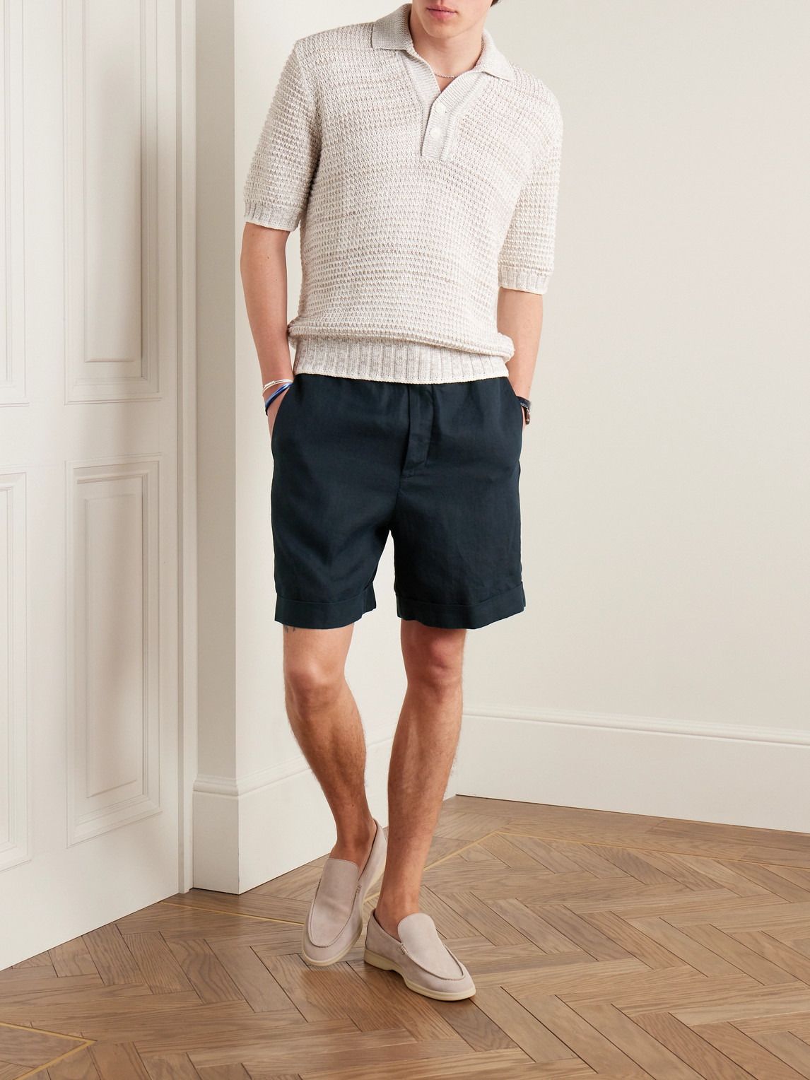 Shop Canali Straight-leg Linen Drawstring Shorts In Blue