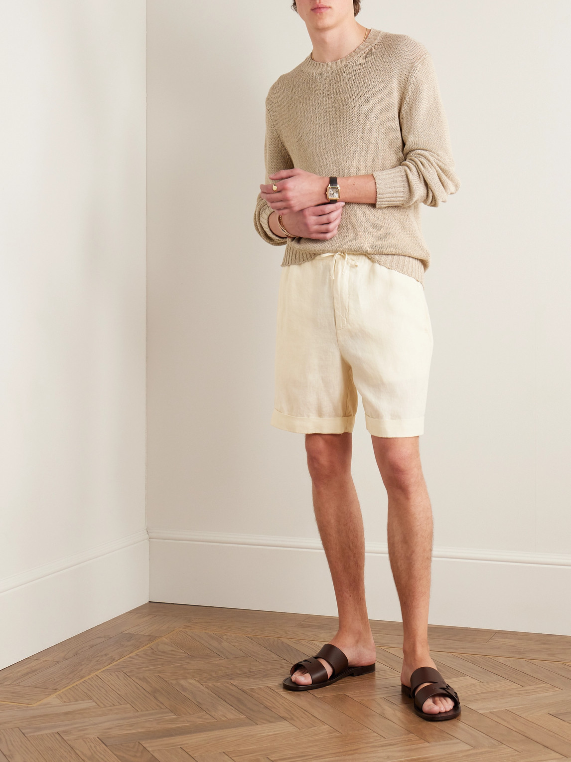 Shop Canali Straight-leg Linen Drawstring Shorts In Neutrals