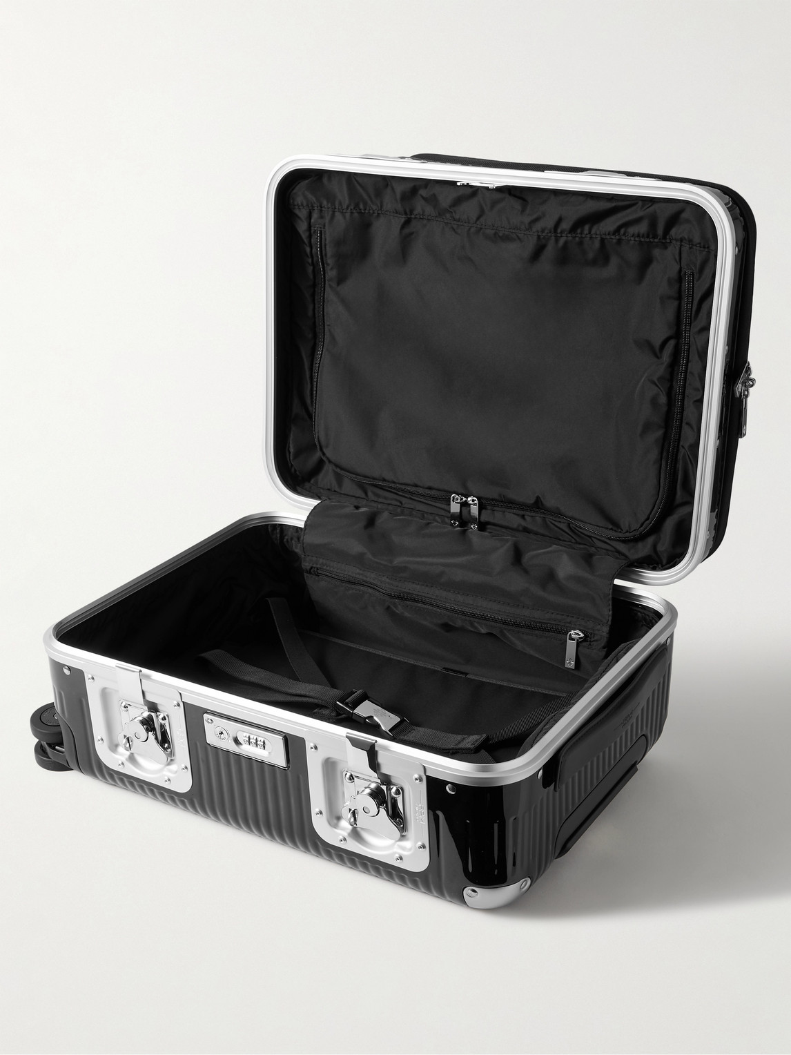 Shop Fpm Milano Spinner 53cm Leather-trimmed Polycarbonate And Aluminium Suitcase In Black