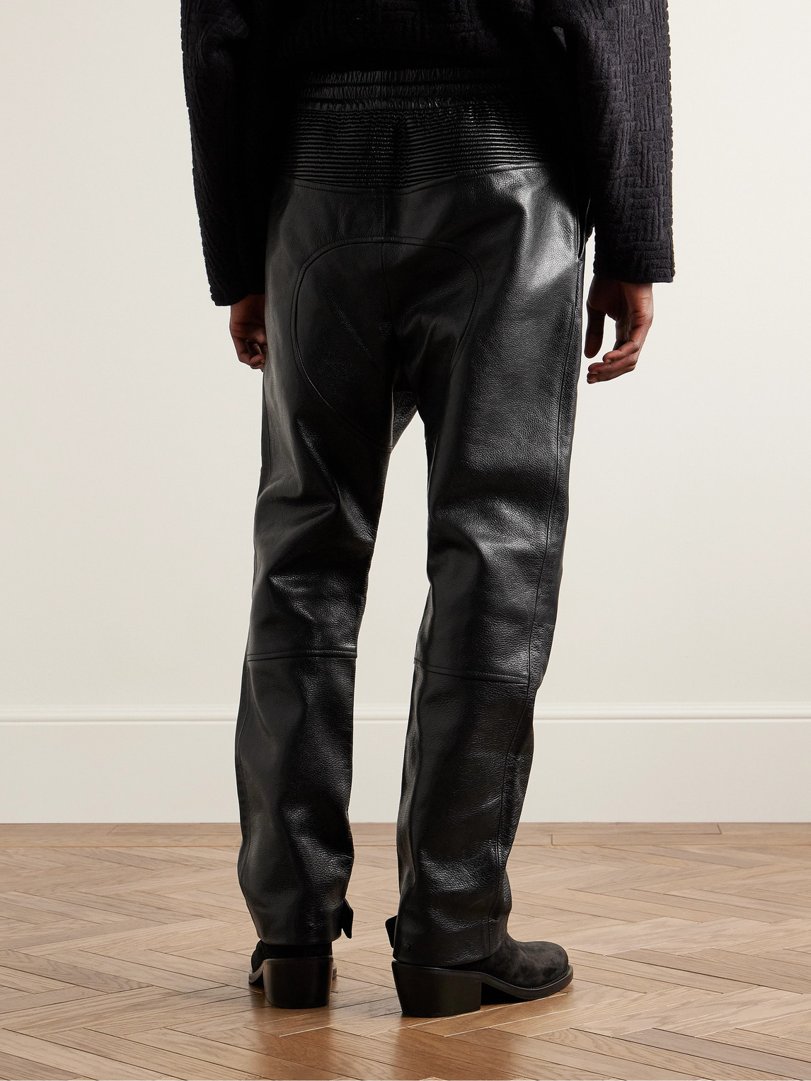 Shop Fear Of God Slim-fit Straight-leg Full-grain Leather Drawstring Trousers In Black