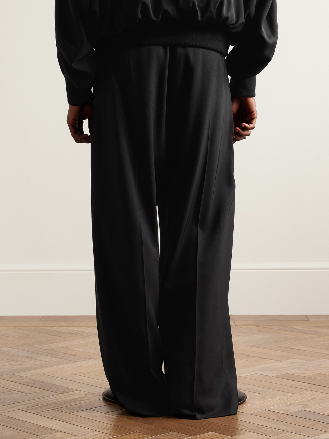 Shop Fear Of God Wide-leg Logo-appliquéd Silk And Virgin Wool-blend Twill Drawstring Trousers In Black