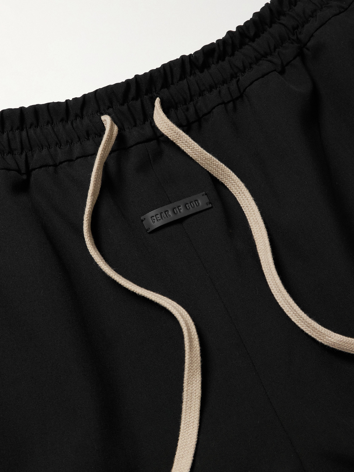 Shop Fear Of God Straight-leg Logo-appliquéd Silk And Virgin Wool-blend Drawstring Shorts In Black