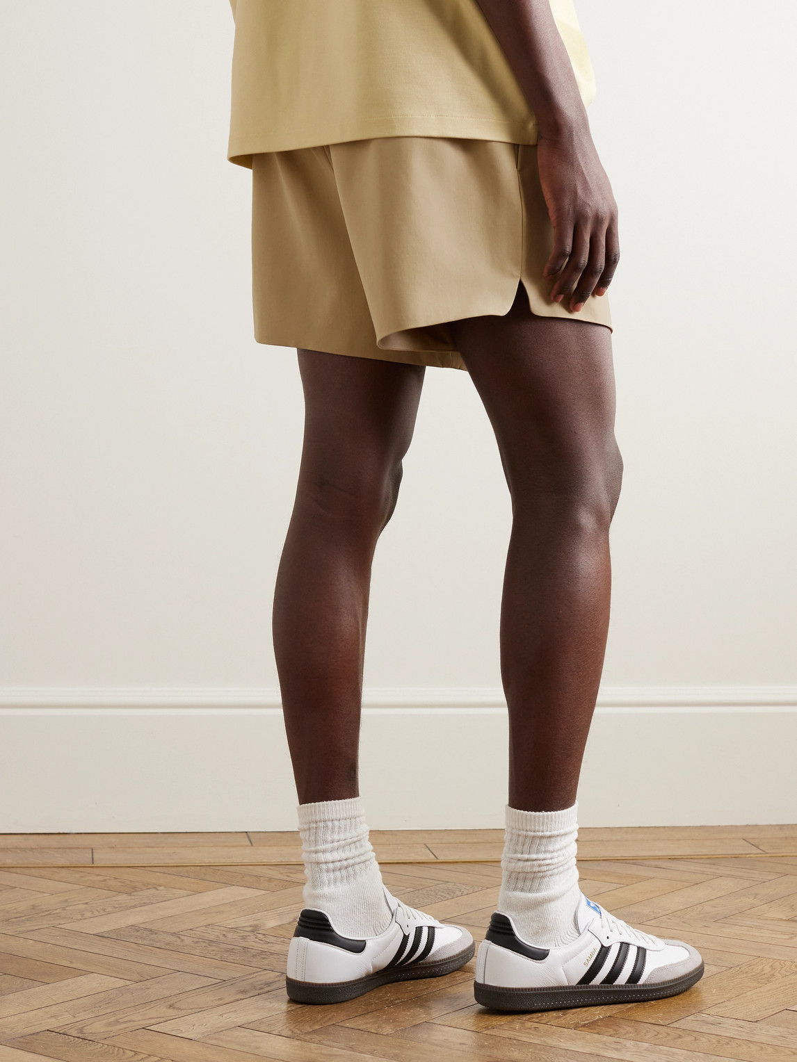 Shop Fear Of God Wide-leg Logo-appliquéd Virgin Wool-crepe Drawstring Shorts In Neutrals