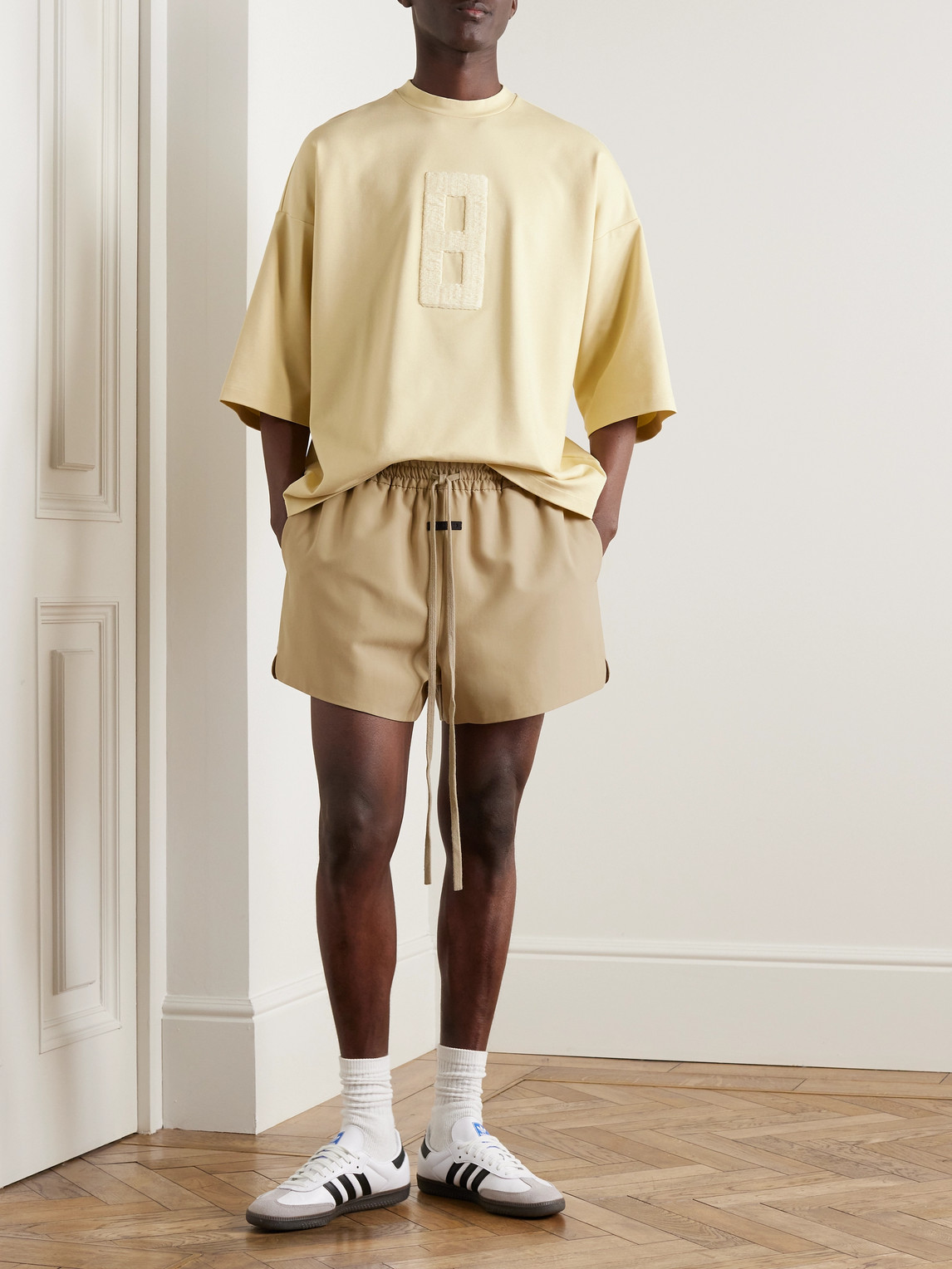 Shop Fear Of God Wide-leg Logo-appliquéd Virgin Wool-crepe Drawstring Shorts In Neutrals