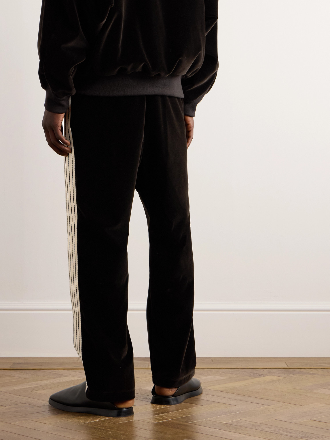 Shop Fear Of God Forum Striped Canvas-trimmed Cotton And Modal-blend Velvet Sweatpants In Black