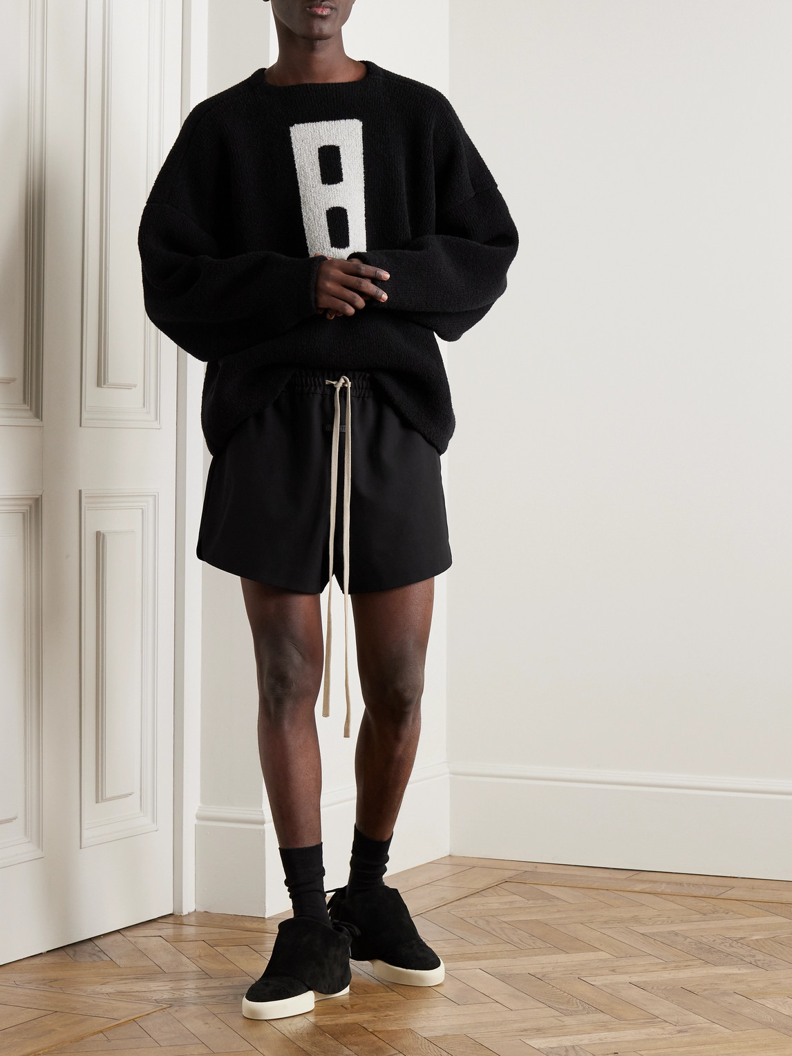 Shop Fear Of God Wide-leg Logo-appliquéd Virgin Wool-crepe Drawstring Shorts In Black