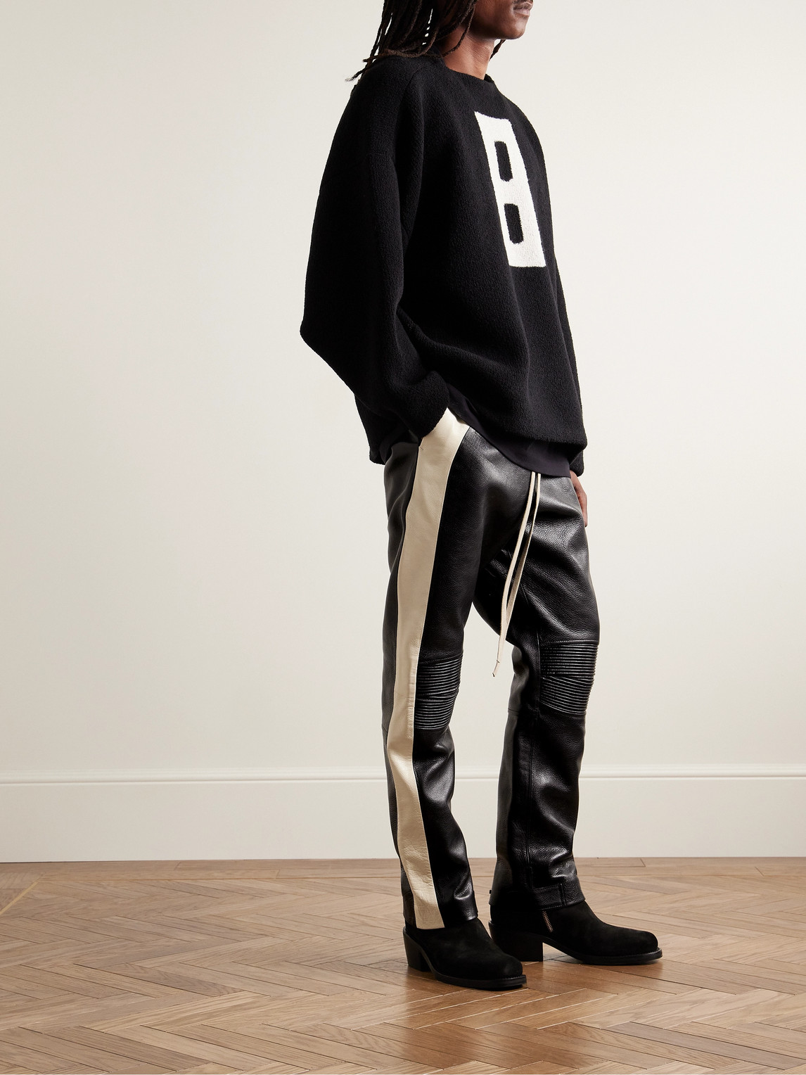 Shop Fear Of God Slim-fit Straight-leg Two-tone Full-grain Leather Drawstring Trousers In Black