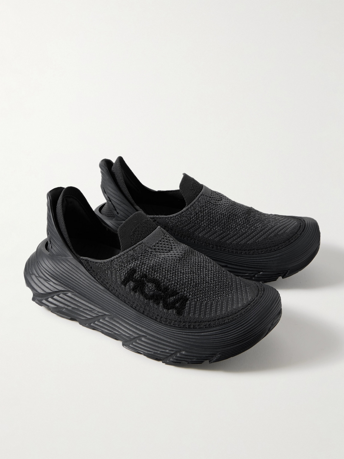 Shop Hoka One One Restore Tc Rubber-trimmed Stretch-knit Slip-on Sneakers In Black