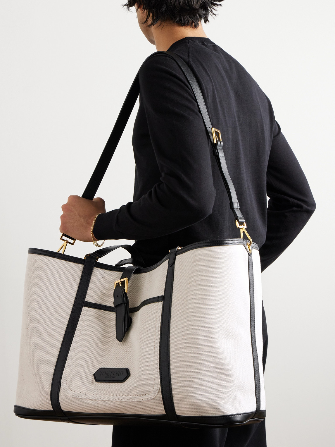 Shop Tom Ford Leather-trimmed Canvas Tote Bag In White