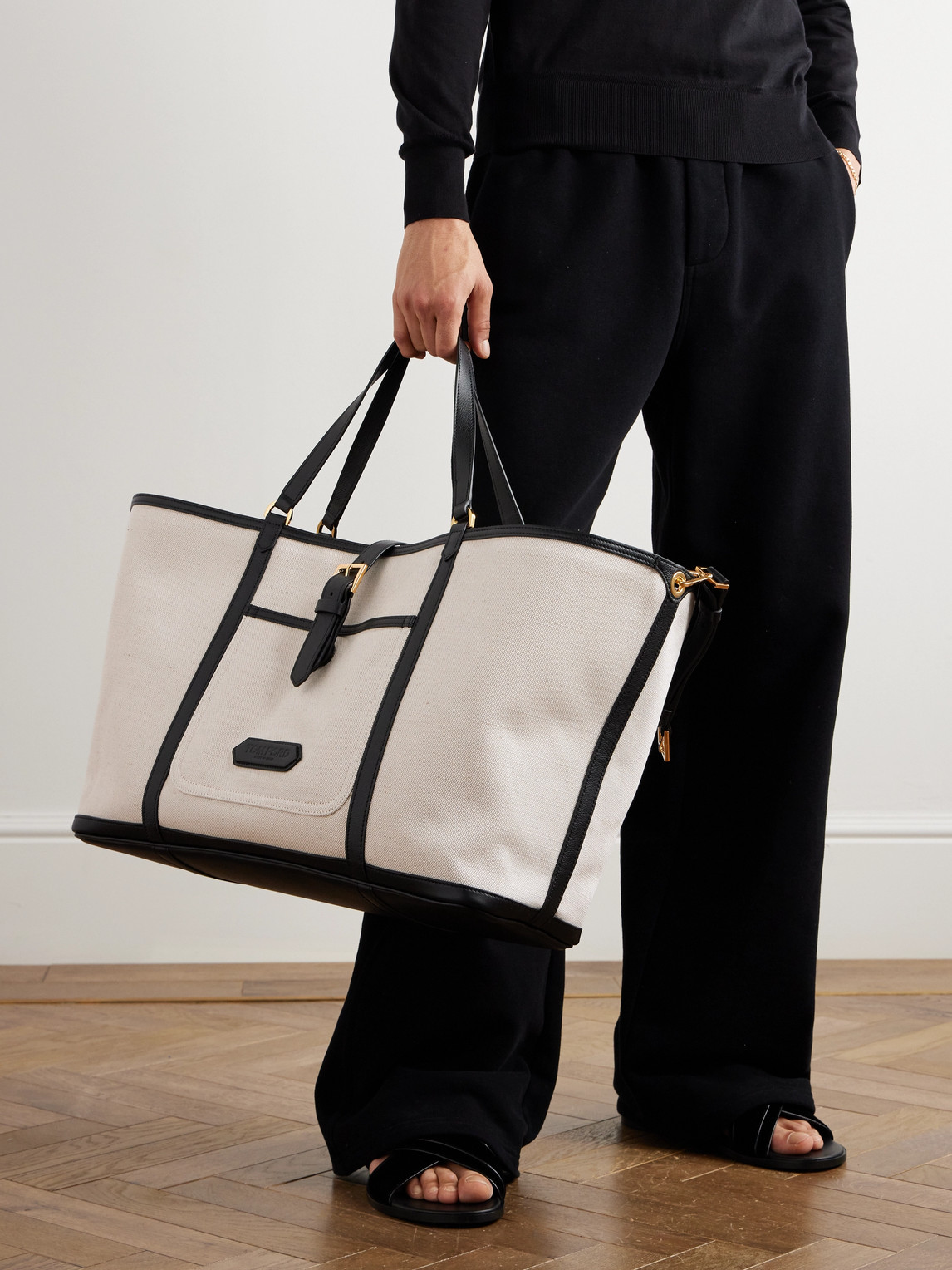 Shop Tom Ford Leather-trimmed Canvas Tote Bag In White