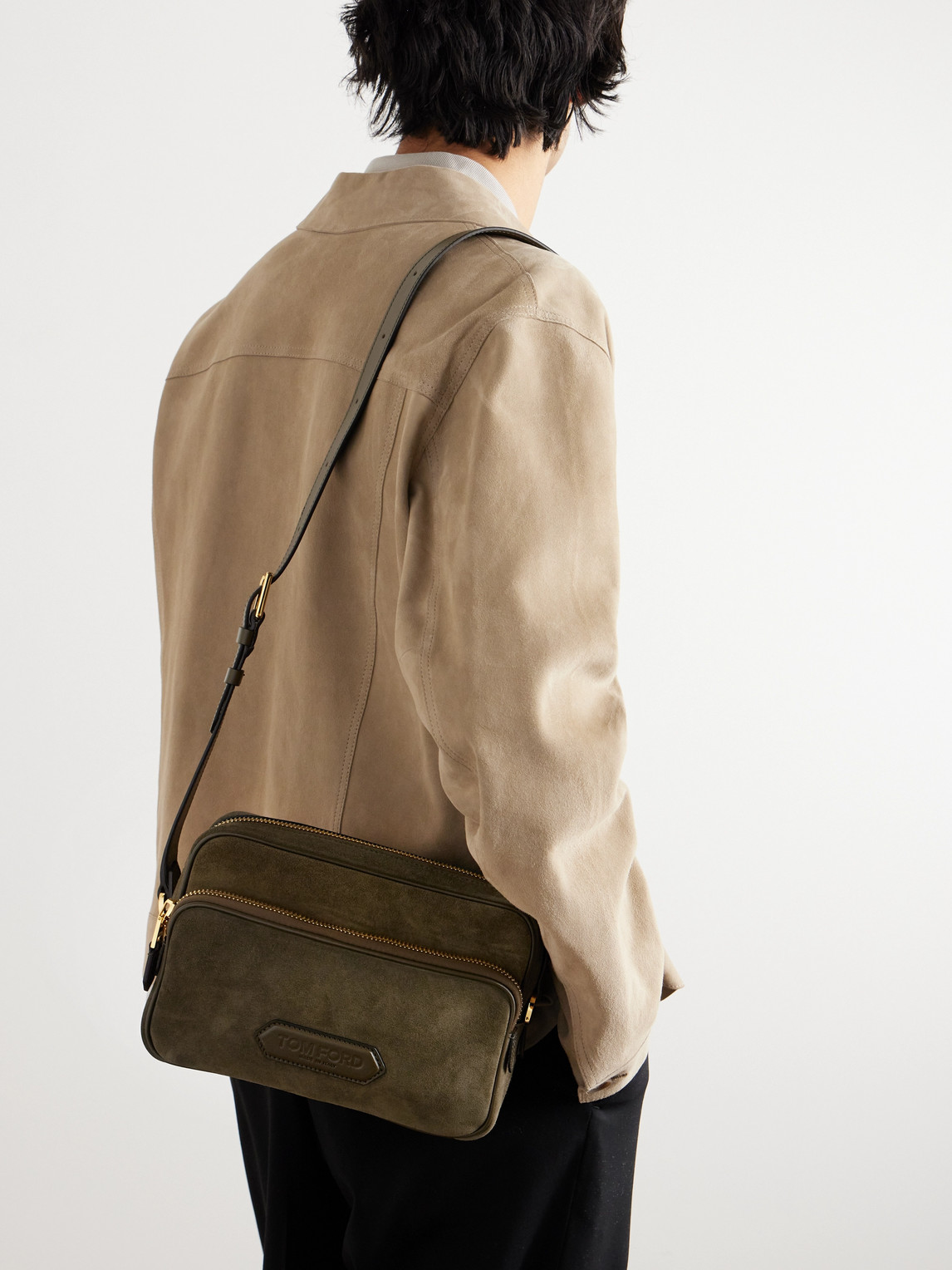 Shop Tom Ford Leather-trimmed Suede Messenger Bag In Green