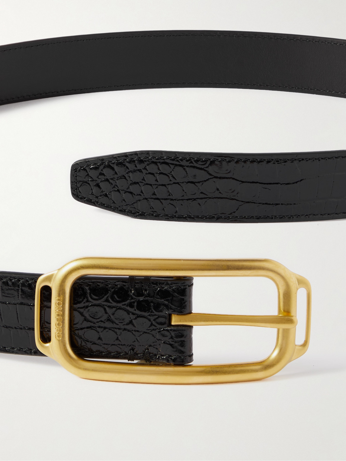 Shop Tom Ford 3cm Glossed Croc-effect Leather Belt In Black