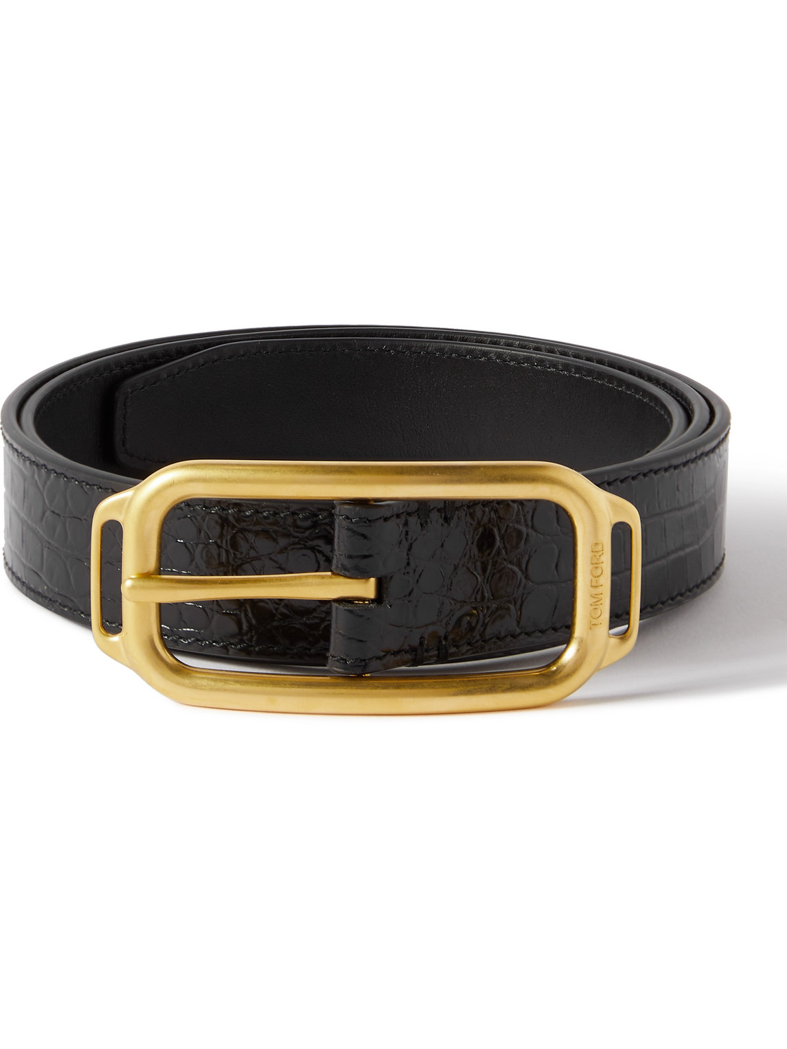 Shop Tom Ford 3cm Glossed Croc-effect Leather Belt In Black