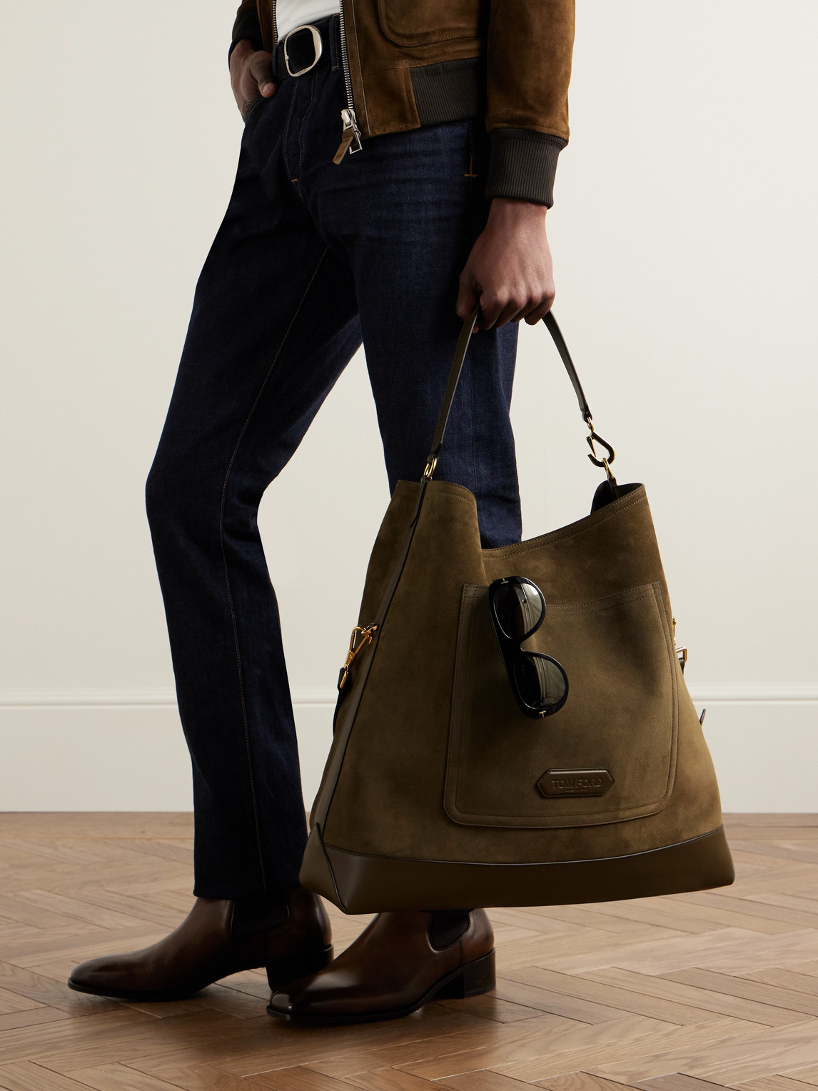 Shop Tom Ford Leather-trimmed Suede Tote Bag In Green