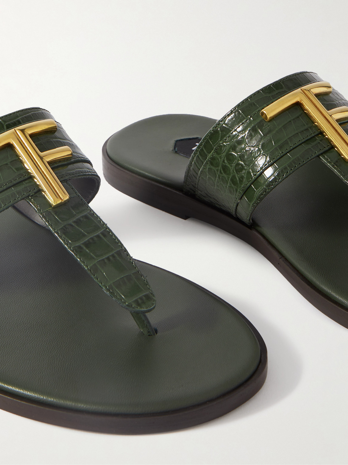 Shop Tom Ford Brighton Logo-embellished Croc-effect Leather Sandals In Green