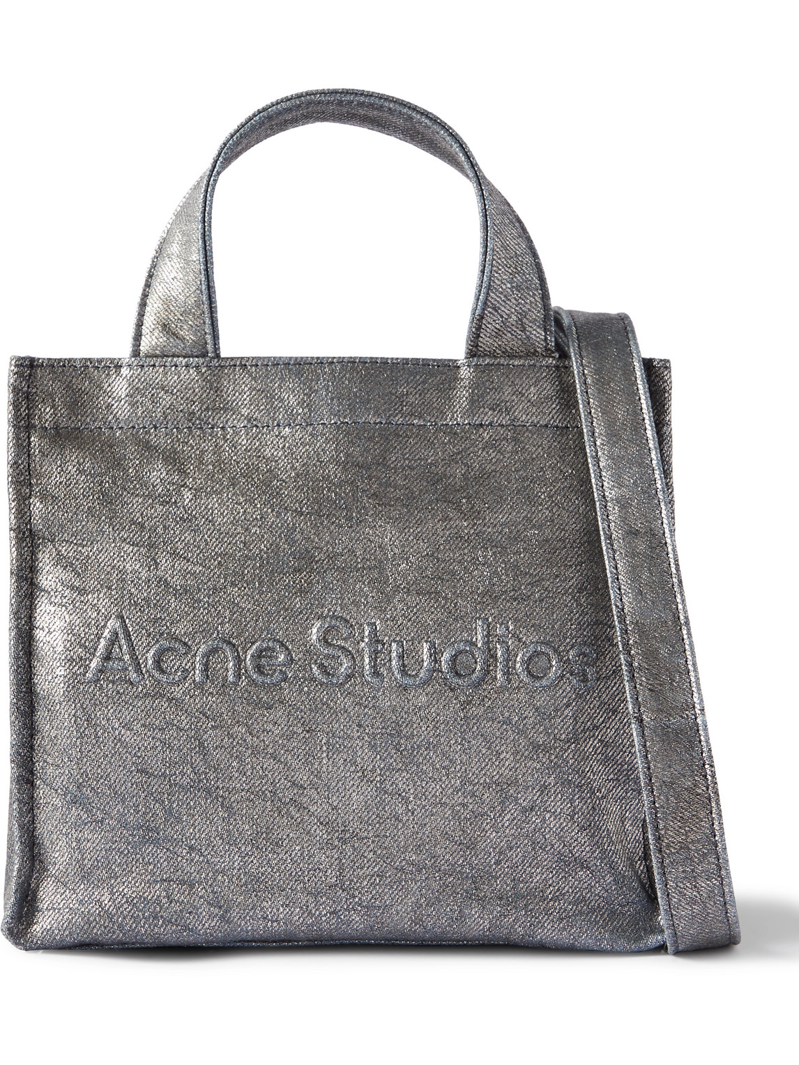 Acne Studios Logo-embossed Metallic Denim Tote Bag In Blue