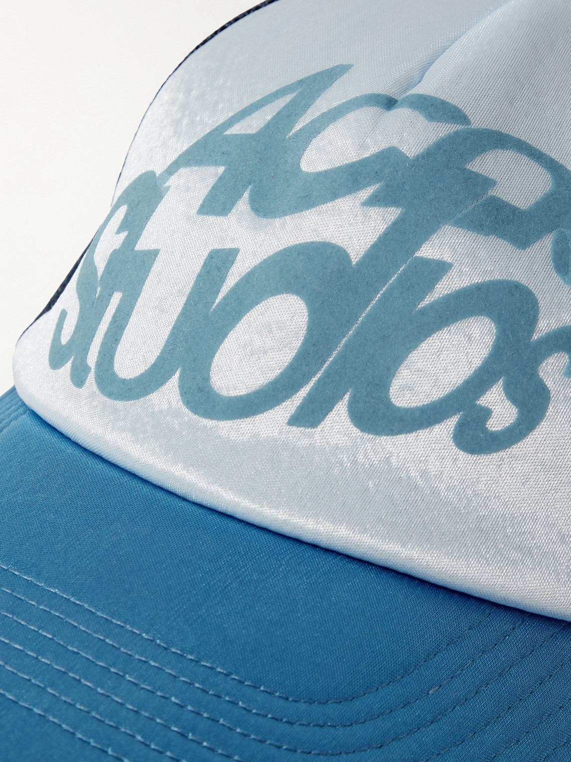 Shop Acne Studios Logo-flocked Satin-jersey And Mesh Trucker Cap In Blue