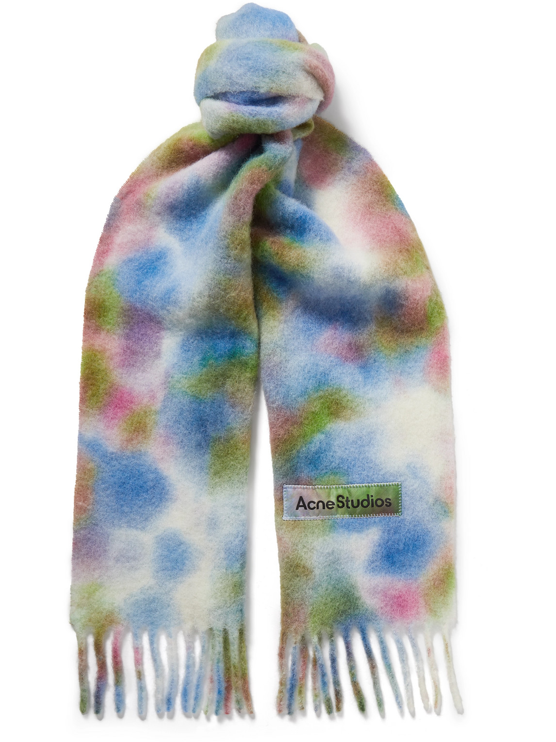 Acne Studios Varinga Tie-dyed Fringed Knitted Scarf In Green