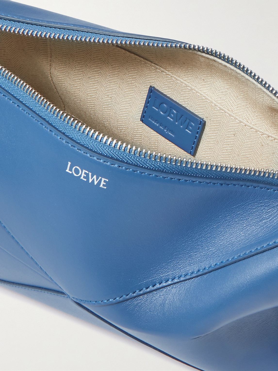 Shop Loewe Puzzle Fold Leather Wash Bag In Blue