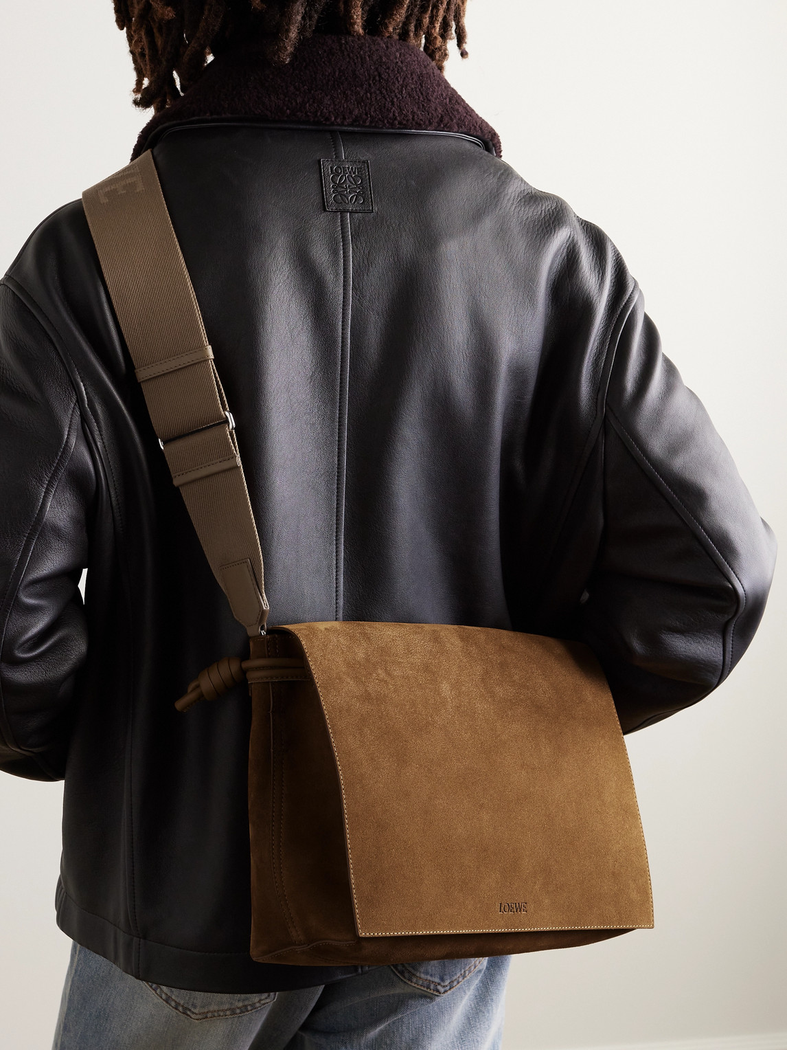 Shop Loewe Flamenco Leather-trimmed Suede Messenger Bag In Neutrals