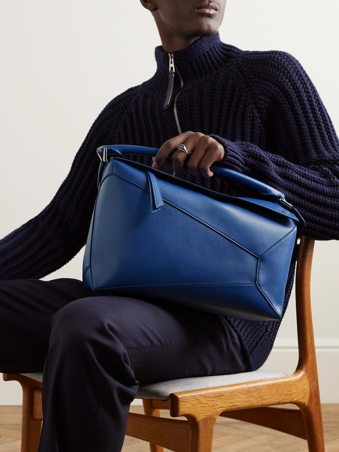 Shop Loewe Puzzle Edge Logo-debossed Leather Messenger Bag In Blue